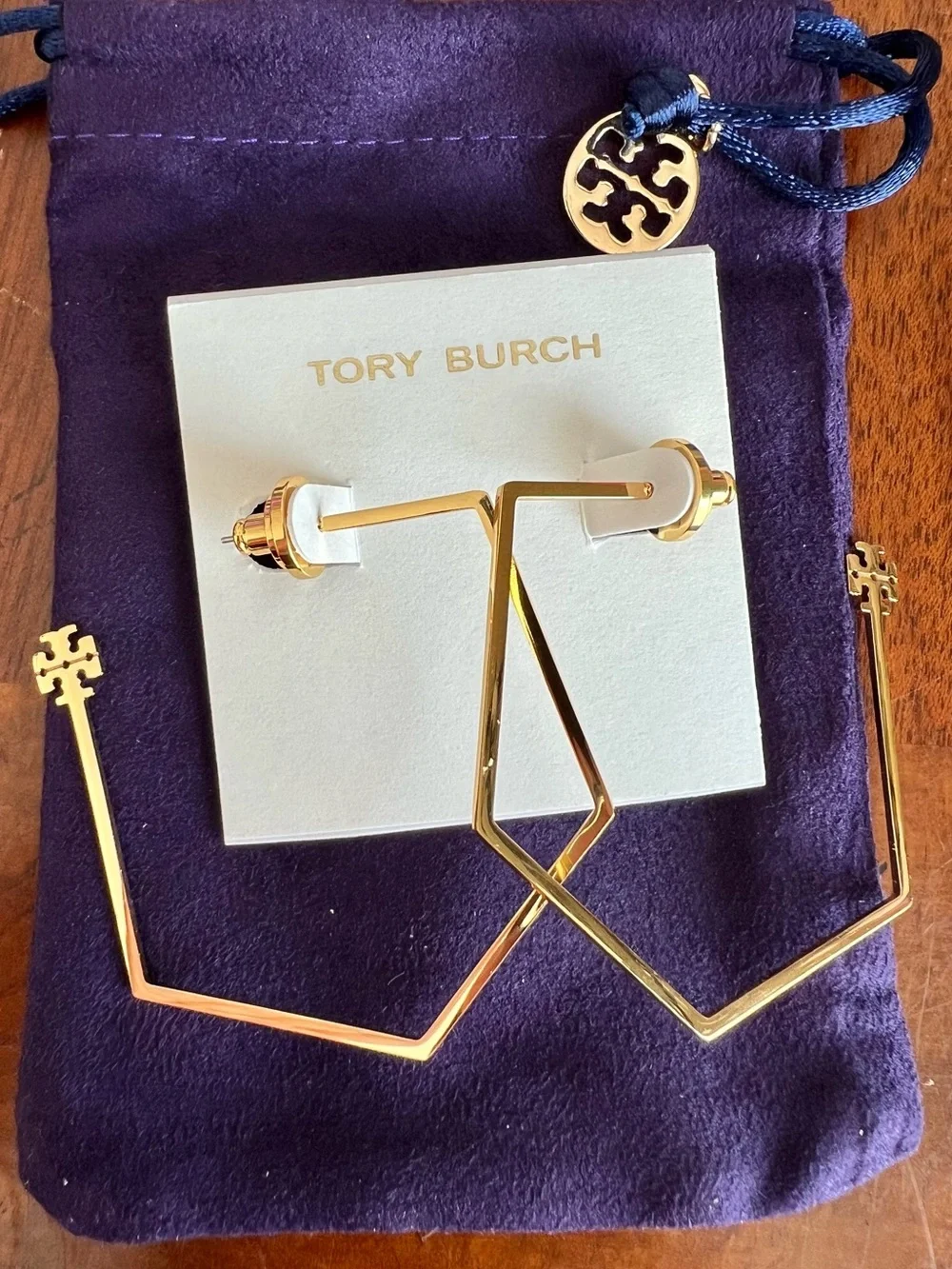 Tory Burch Geometric Gold Logo Hexagon Hoop Earrings